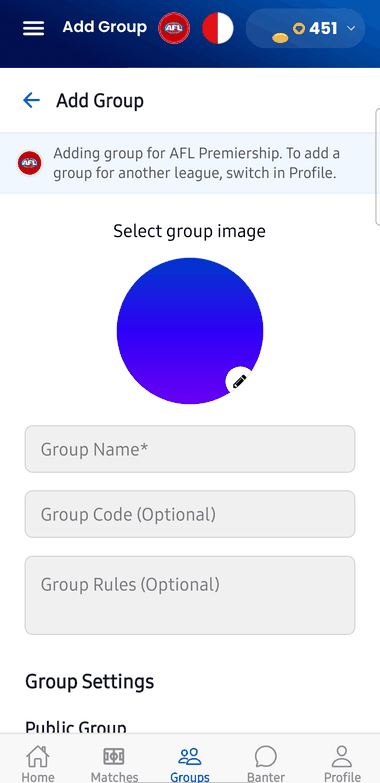 Mates Picks add group screen