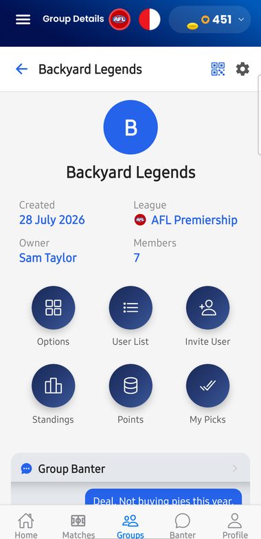 Mates Picks group page with standings, points and picks