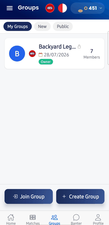 Mates Picks groups list showing a private group