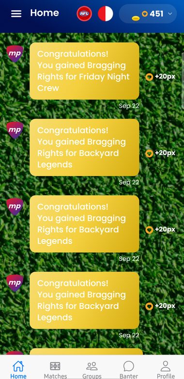 Mates Picks activity feed showing points and bragging rights