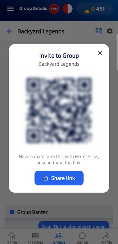 Mates Picks group invite screen with a scannable code