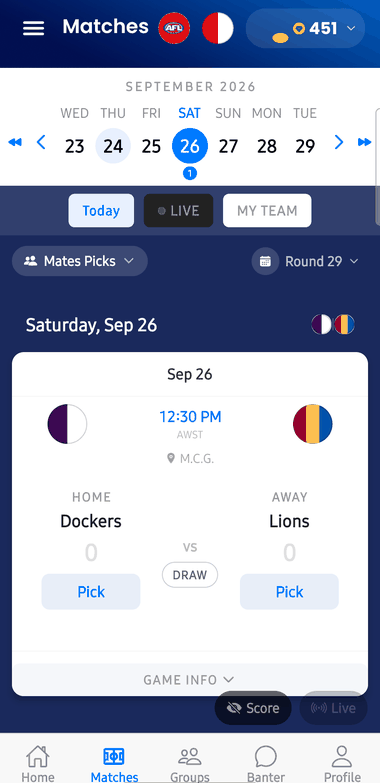 Mates Picks matches screen with a grand final ready to pick