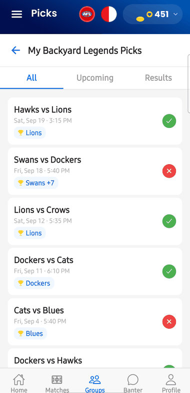 Mates Picks list of picks marked right or wrong