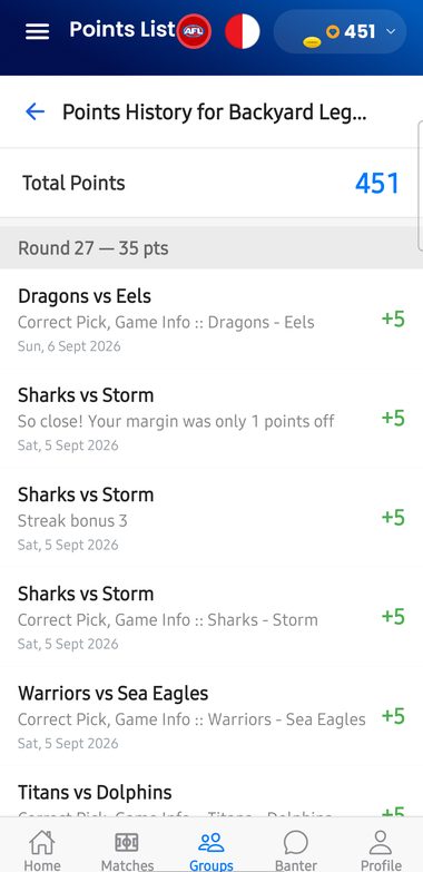 Mates Picks points history showing correct picks and streak bonuses