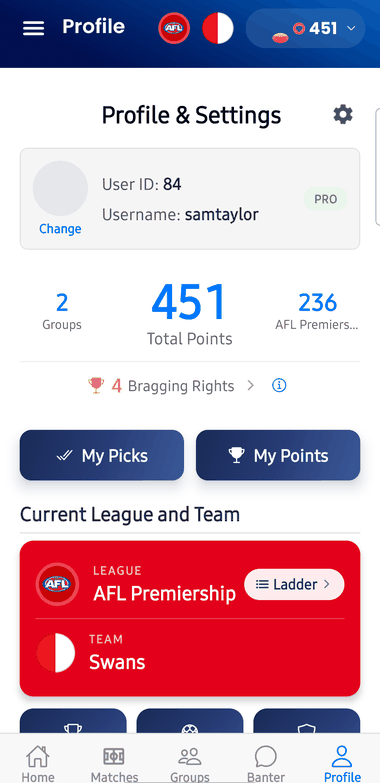 Mates Picks profile showing total points and bragging rights